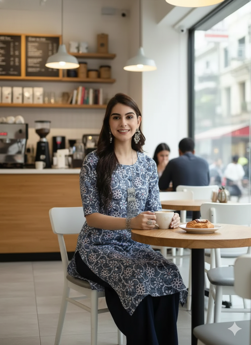 Light Blue Floral Printed Cotton Kurti for Women - RX24