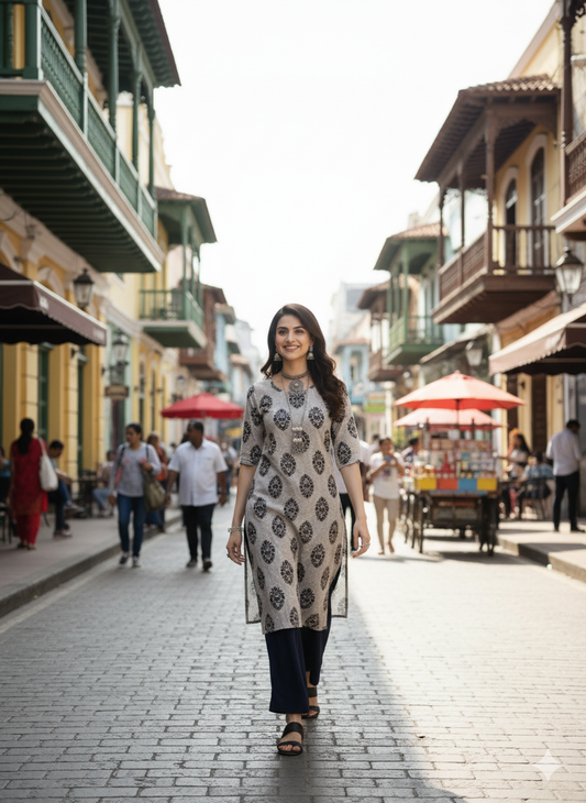 Grey Block Printed Motif Kurti - RX26