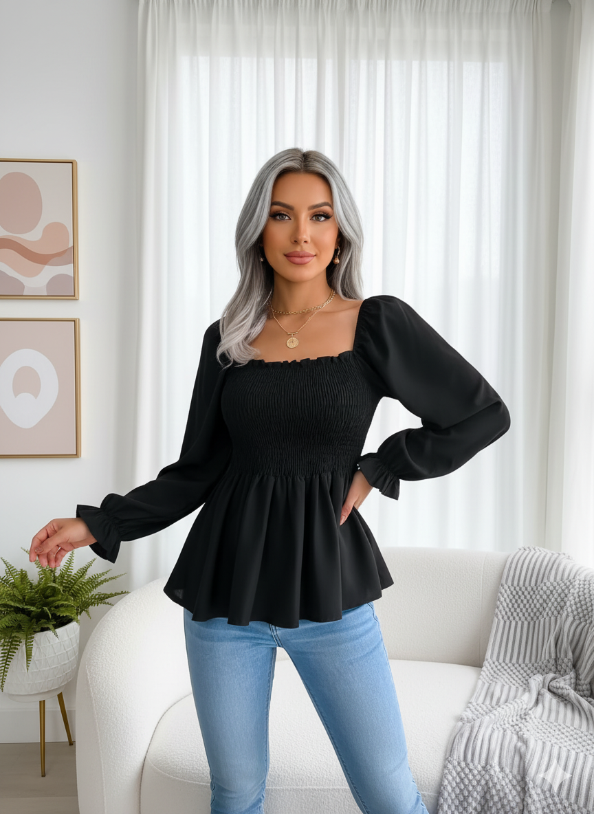 Black Peplum Top with Shirred Waist - RX30