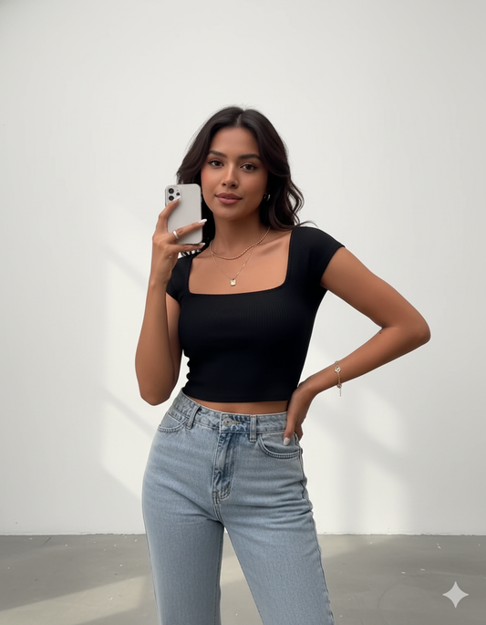 Black Ribbed Crop Top - RX31