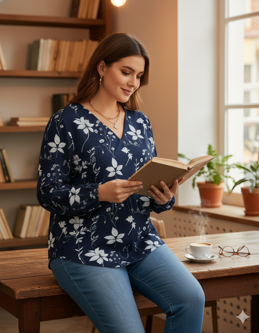 Plus Size Navy Floral Print V-Neck Top - RX36