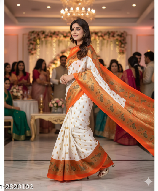 White & Orange Mysore Silk Saree with Paisley Border - RX22