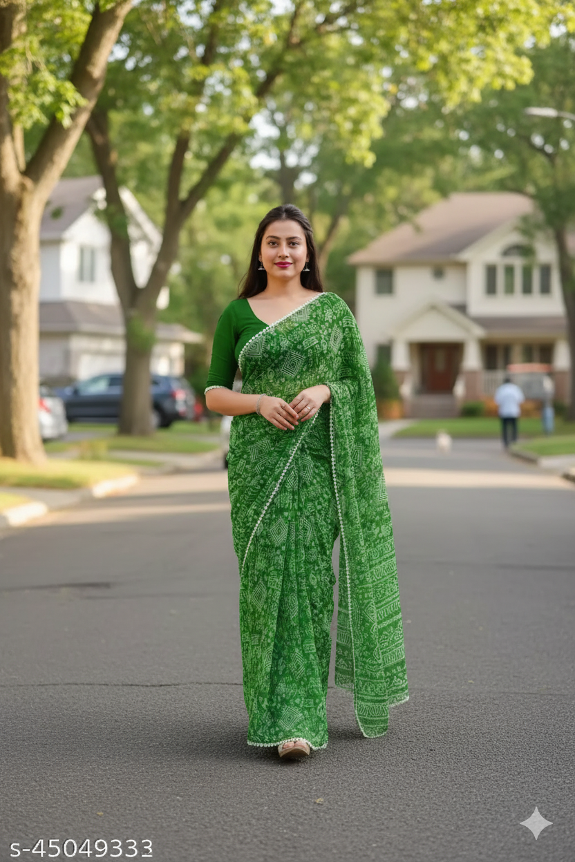 Green Printed Georgette Saree with Lace Border - RX13