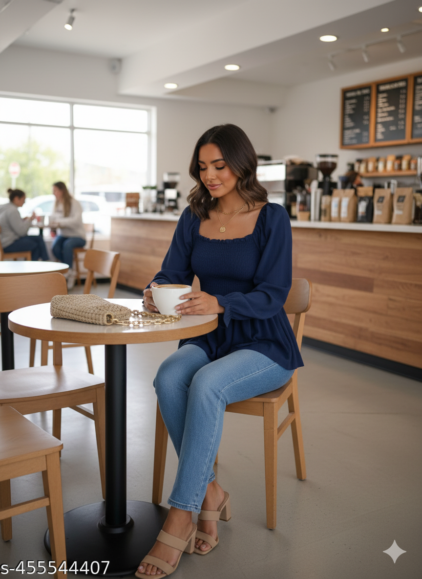 Navy Blue Smocked Peplum Top - RX28