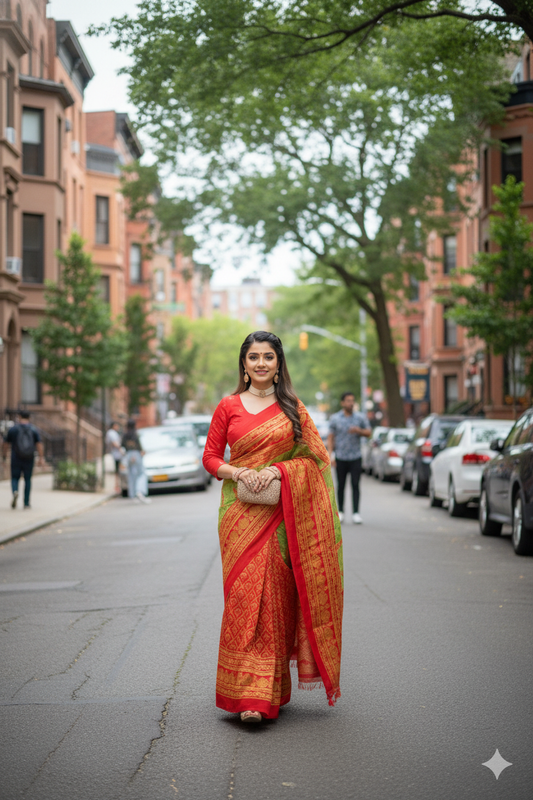 Green & Red Mysore Silk Saree for Festive Occasions - RX18