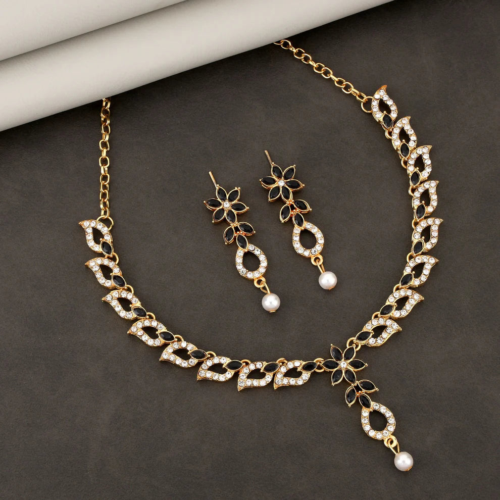 Elegant Black & White Crystal Flower Necklace Set with Pearl Drop |RX Consultant (RX47)