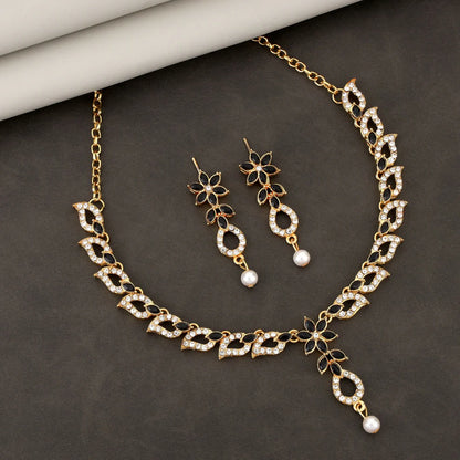 Elegant Black & White Crystal Flower Necklace Set with Pearl Drop |RX Consultant (RX47)