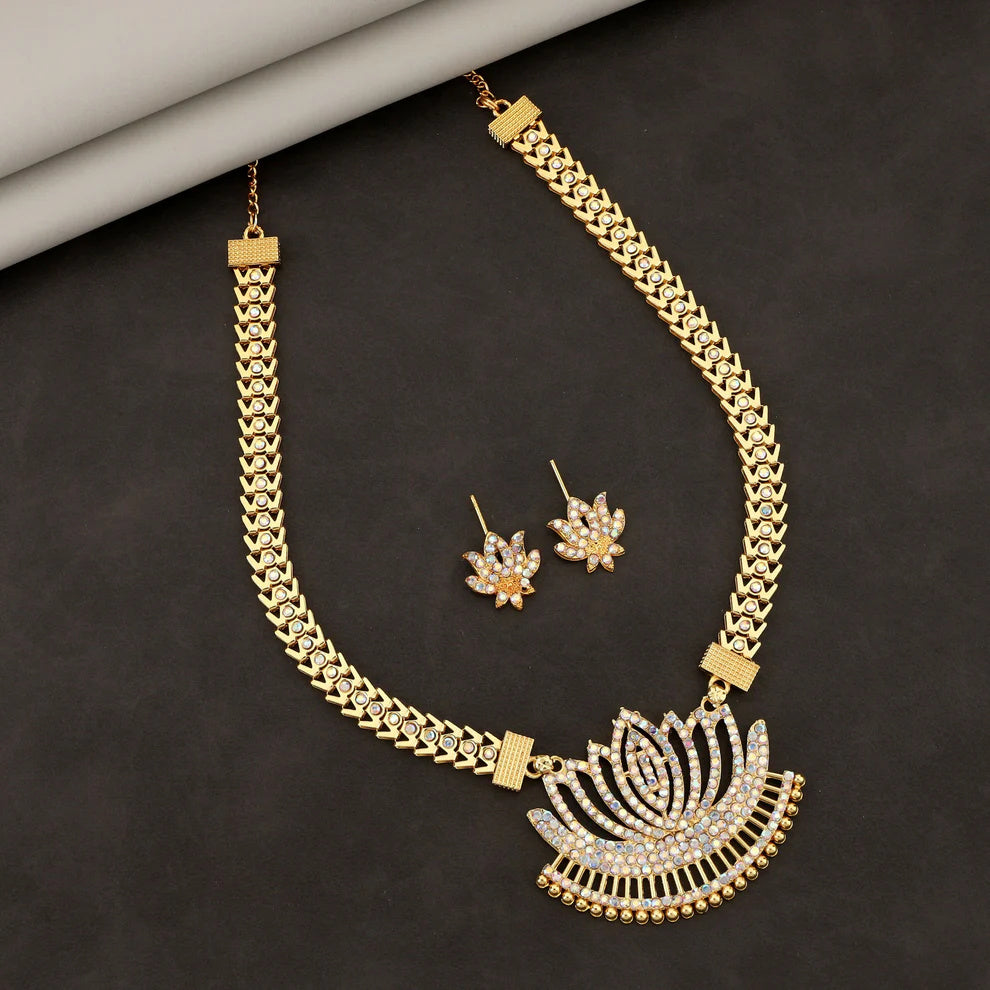 Majestic Gold-Tone Lotus Motif Pendant Necklace & Stud Earrings Set | RX Consultant (RX51)