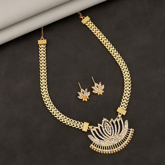 Majestic Gold-Tone Lotus Motif Pendant Necklace & Stud Earrings Set | RX Consultant (RX51)