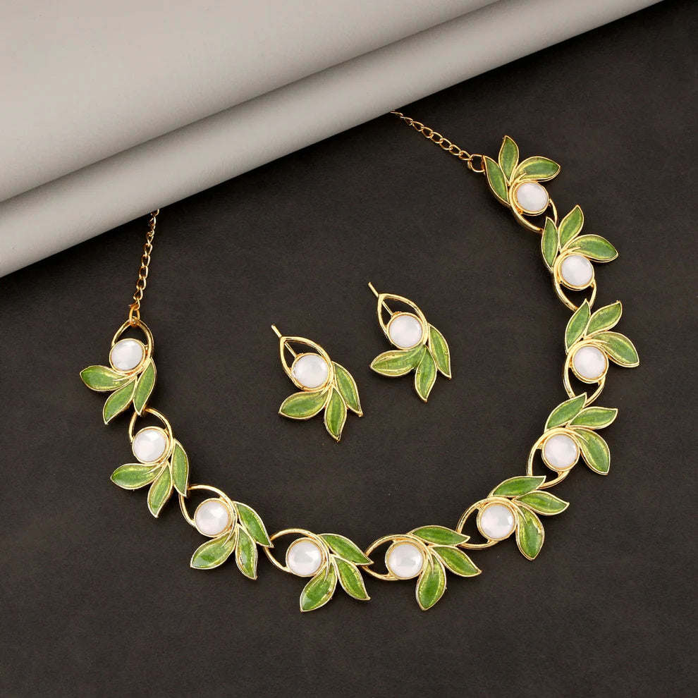 Gold-Toned Floral & Oval Motif AD Stone Necklace & Drop Earrings Set | (RX53)