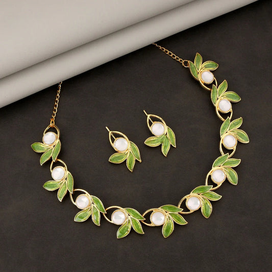 Gold-Toned Floral & Oval Motif AD Stone Necklace & Drop Earrings Set | (RX53)